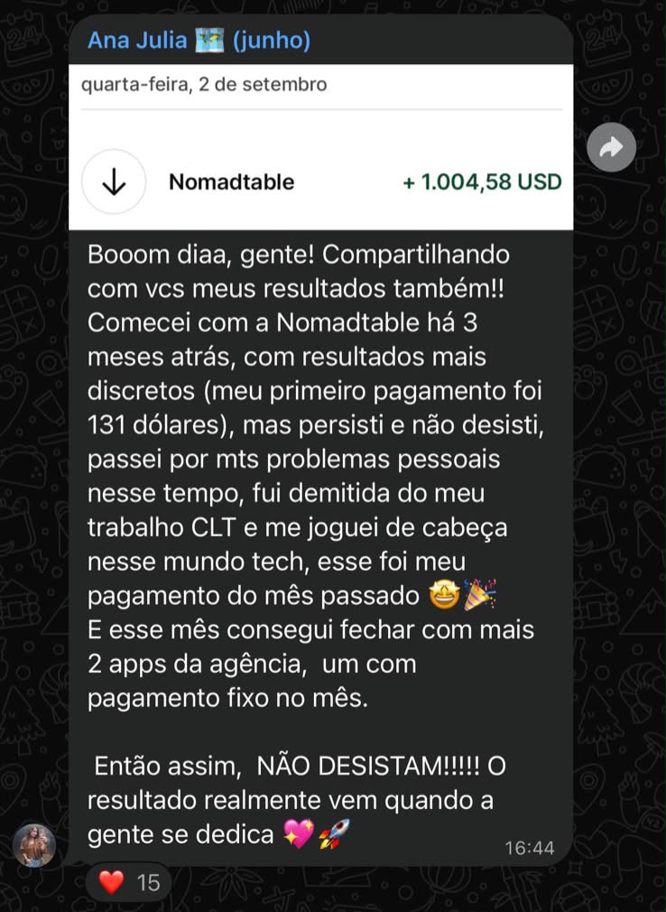 Depoimento da Ana Julia com pagamento de +1.004,58 USD da Nomadtable