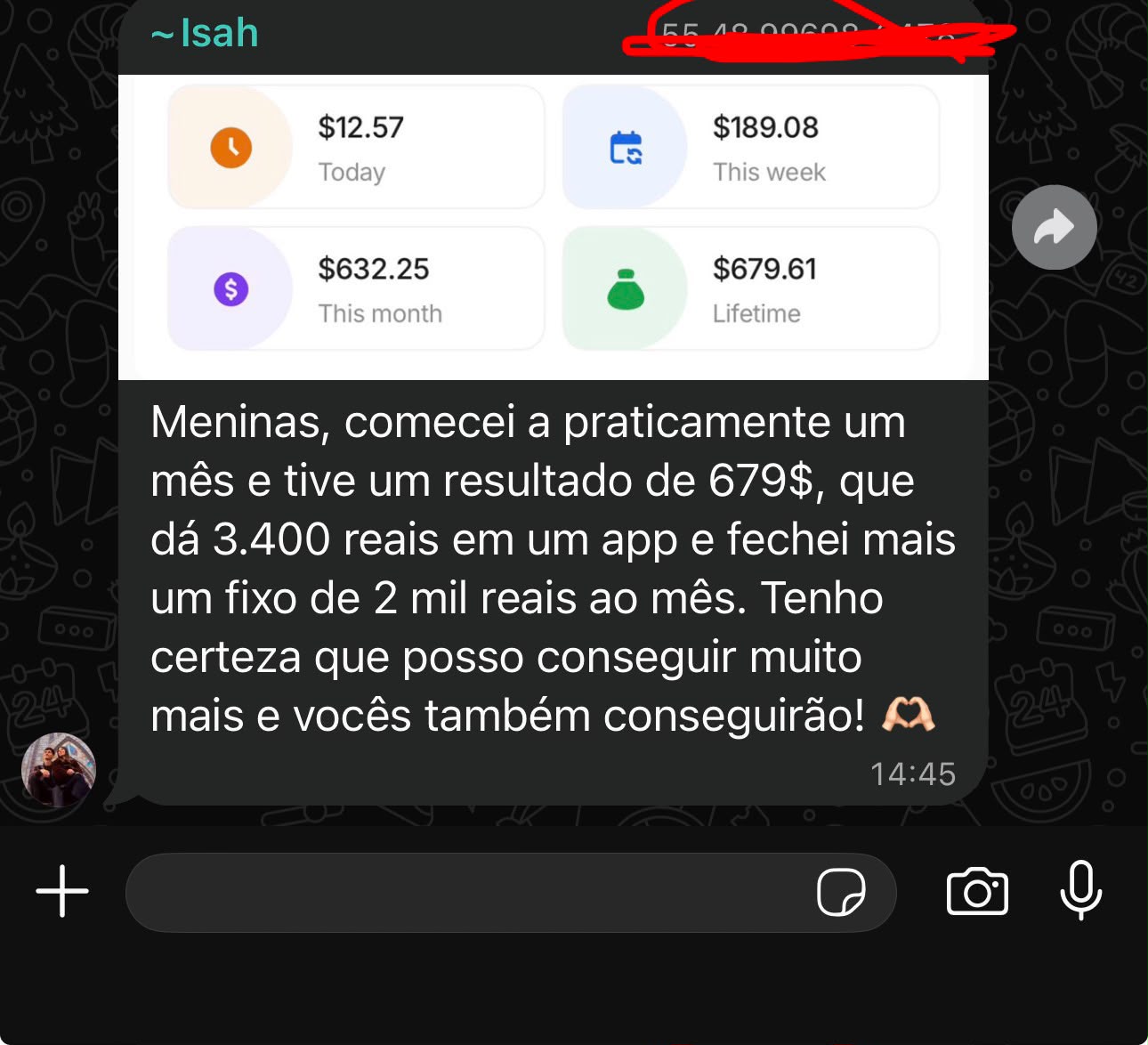 Depoimento da Isah faturando US$ 679 em um app e fechando renda fixa de R$ 2 mil