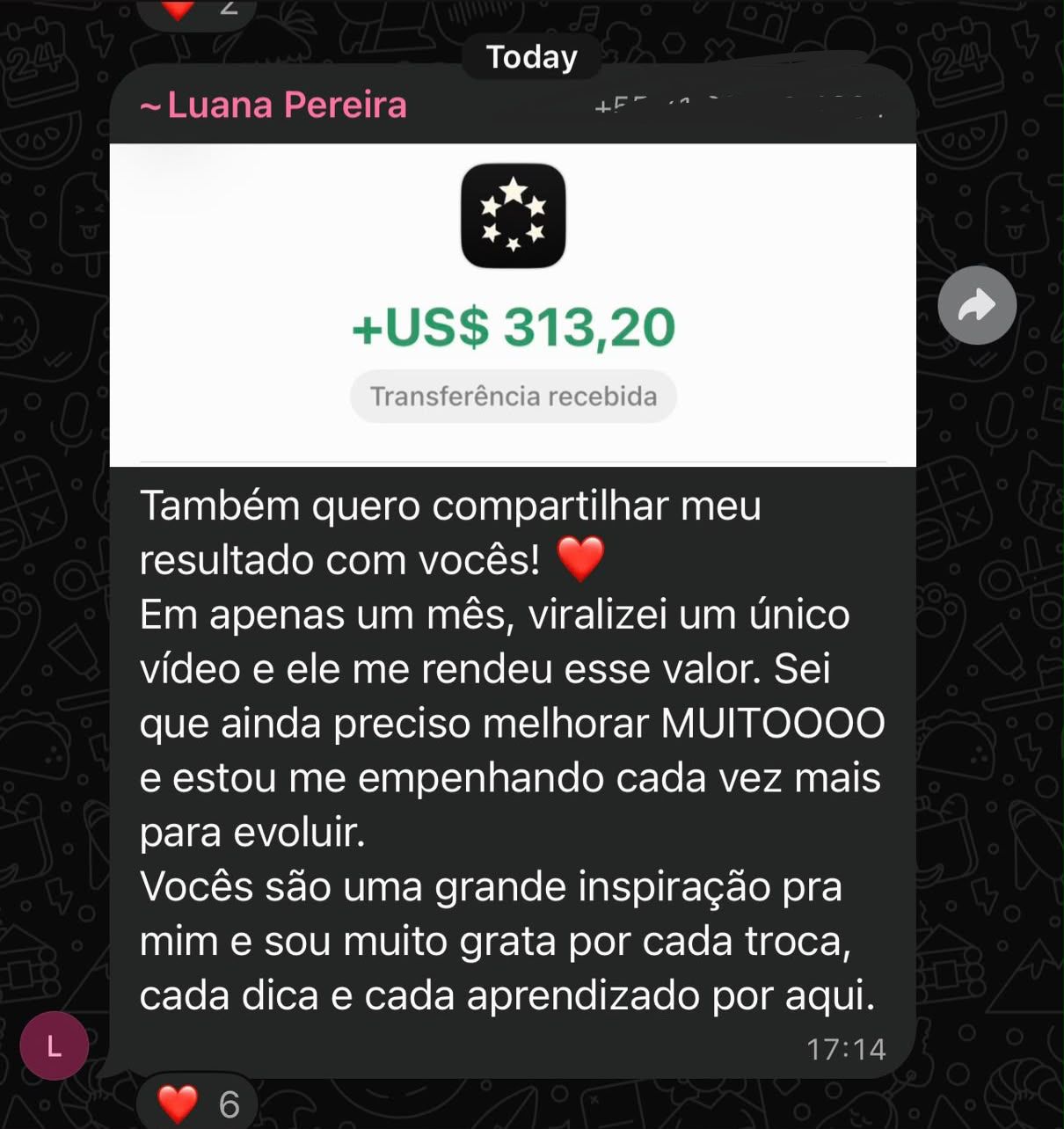 Depoimento da Luana Pereira recebendo +US$ 313,20 em um mês