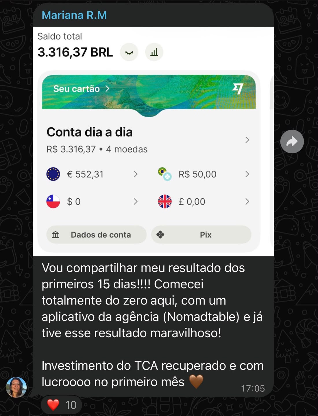 Depoimento da Mariana R.M com saldo de R$ 3.316,37 em 15 dias