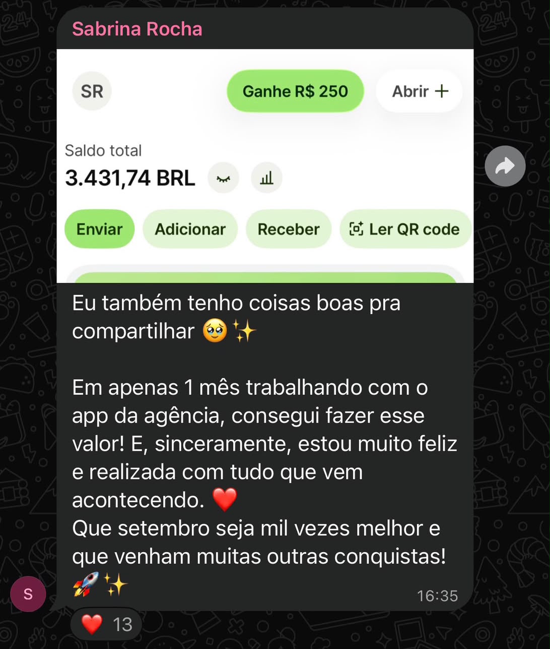 Depoimento da Sabrina Rocha com saldo de R$ 3.431,74 em 1 mês