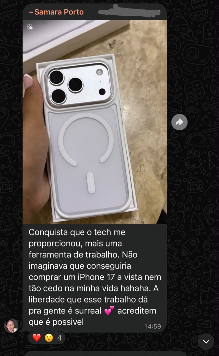 Depoimento da Samara Porto comprando iPhone 17 com o resultado do Tech UGC